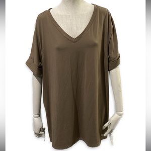 Zenana Tunic Top 1X V-Neck Dolman Sleeve Chocolate Brown High Low Mature